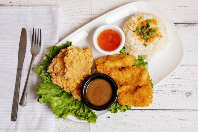 Rice with One Fried Chicken and Fish Fillet