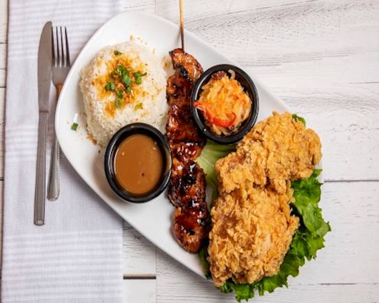 Rice with Two Fried Chicken and Pork BBQ Skewer