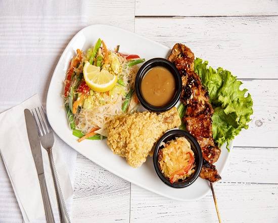 Pancit with Fried Chicken and Pork BBQ Skewer